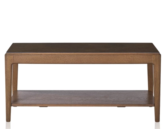 Table basse rectangulaire en chêne et céramique avec tablette en bois teinte noyer plateau céramique brun oxydé 100x50 cm