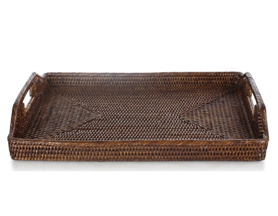 Plateau de service rectangulaire en rotin brun petit modèle