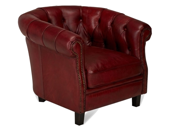 Sillón Chesterfield de piel rojo carmín reposabrazos con tachuelas