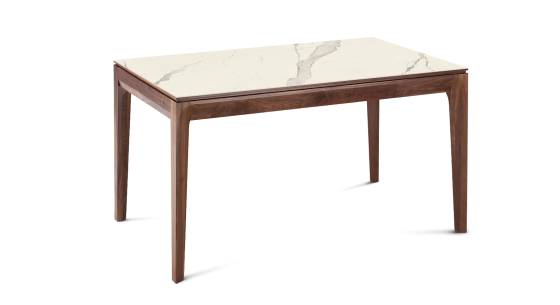 Table extensible 8 à 10 personnes en noyer et céramique allonges bois avec bois teinte naturelle et plateau céramique effet marbre blanc 180x90 cm