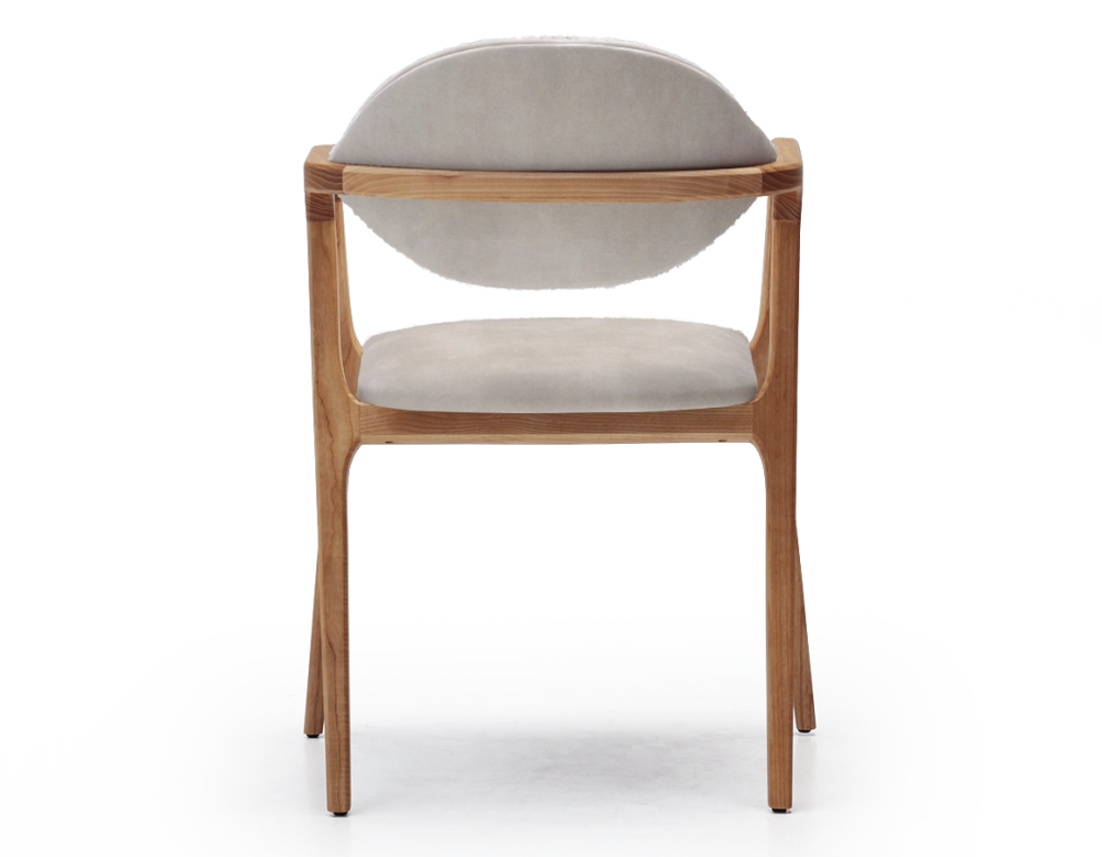 Designer armchair natural wood finish and sand velvet fabric Designer armchair natural wood finish and sand velvet fabric