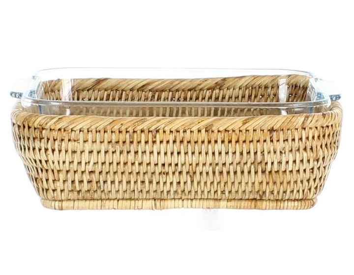 Plat pyrex carré avec support en rotin naturel Plat pyrex carré avec support en rotin naturel