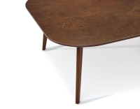 Square coffee table with rounded corners F2 in oak and ceramic dark brown stained wood with rust-effect ceramic top. 120x120x40 cm