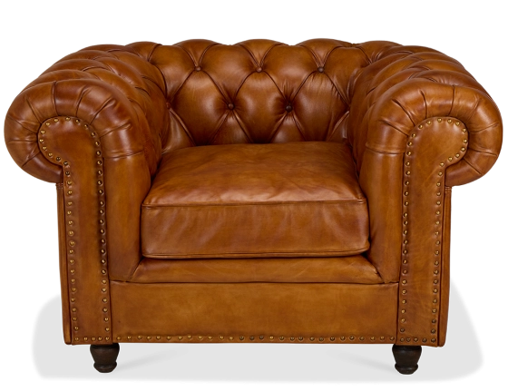 Fauteuil chesterfield cuir marron clair accoudoirs cloutés