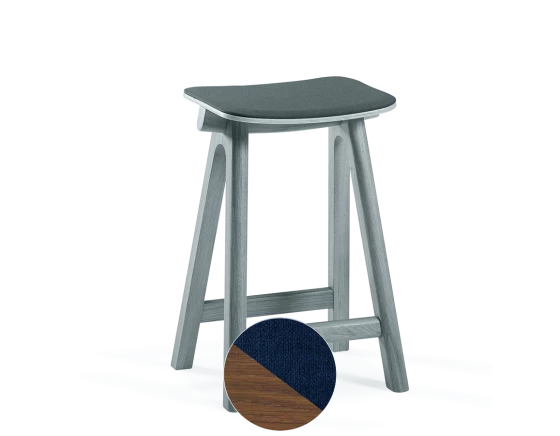 Tabouret de bar en chêne tapissé H60 cm bois teinte noyer assise bleu marine