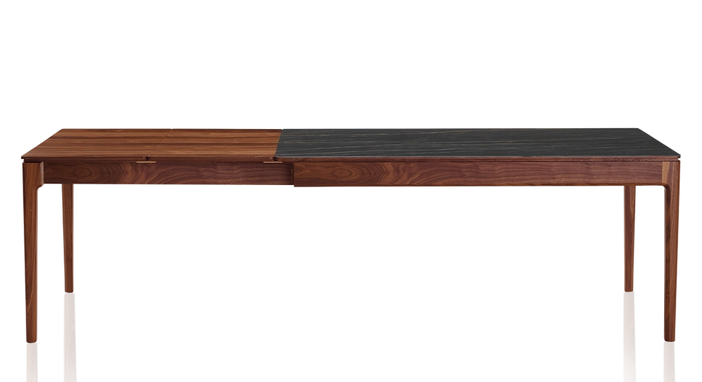 Table extensible 8 à 12 personnes en noyer et céramique allonges bois avec bois teinte naturelle et plateau céramique effet marbre noir 210x90 cm Table extensible 8 à 12 personnes en noyer et céramique allonges bois avec bois teinte naturelle et plateau céramique effet marbre noir 210x90 cm