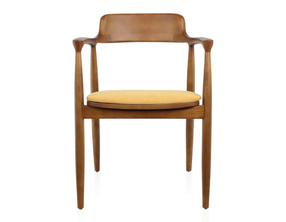 Chaise scandinave bois teinte merisier et tissu jaune