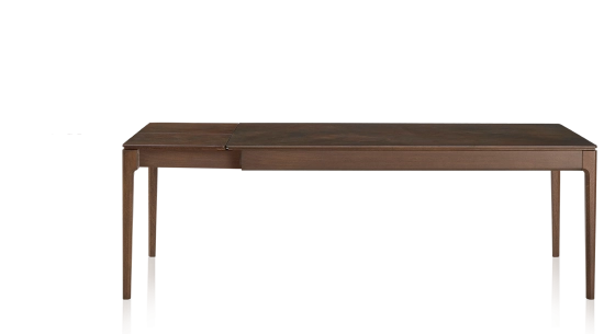 Table extensible 8 à 14 personnes en chêne et céramique allonges céramique avec bois teinte marron foncé et plateau et allonges céramique brun oxydé 210x100 cm