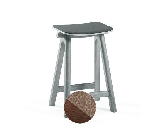 Upholstered oak bar stool H60 cm dark brown stained wood, taupe fabric seat