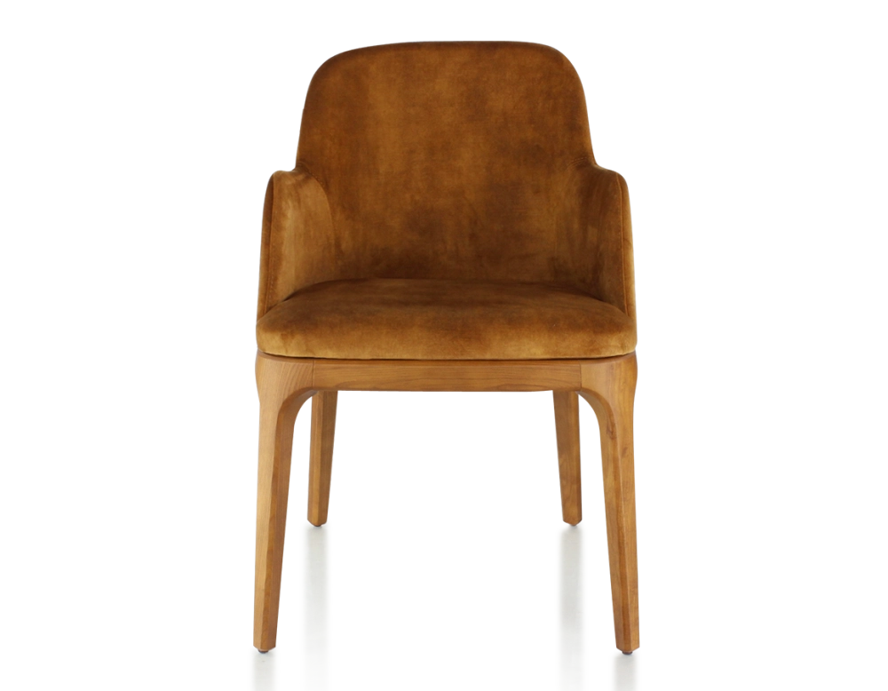 Chaise design avec accoudoirs bois teinte merisier et tissu velours bronze Chaise design avec accoudoirs bois teinte merisier et tissu velours bronze