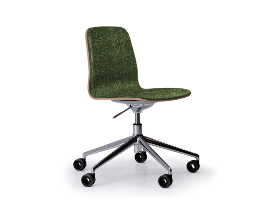 Design office chair aluminum metal base with casters, seat in green mottled fabric