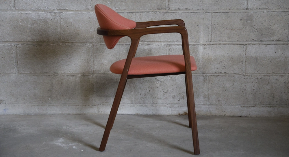 Walnut Designer armchair natural wood finish and brown fabric