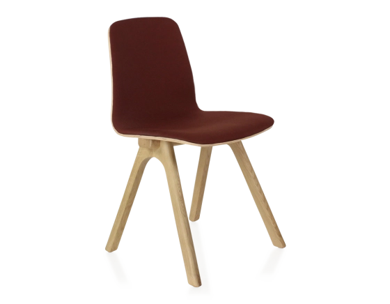 Upholstered oak designer chair natural wood stain burgundy fabric seat