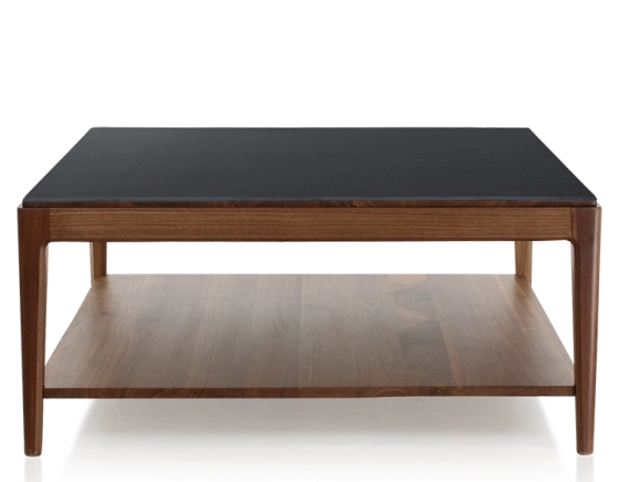 Square coffee table in walnut and ceramic with shelf in natural stained wood, plain black ceramic top 100x100 cm
