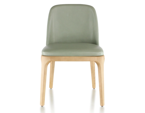 Designer chair dark brown stained wood and sage green leather