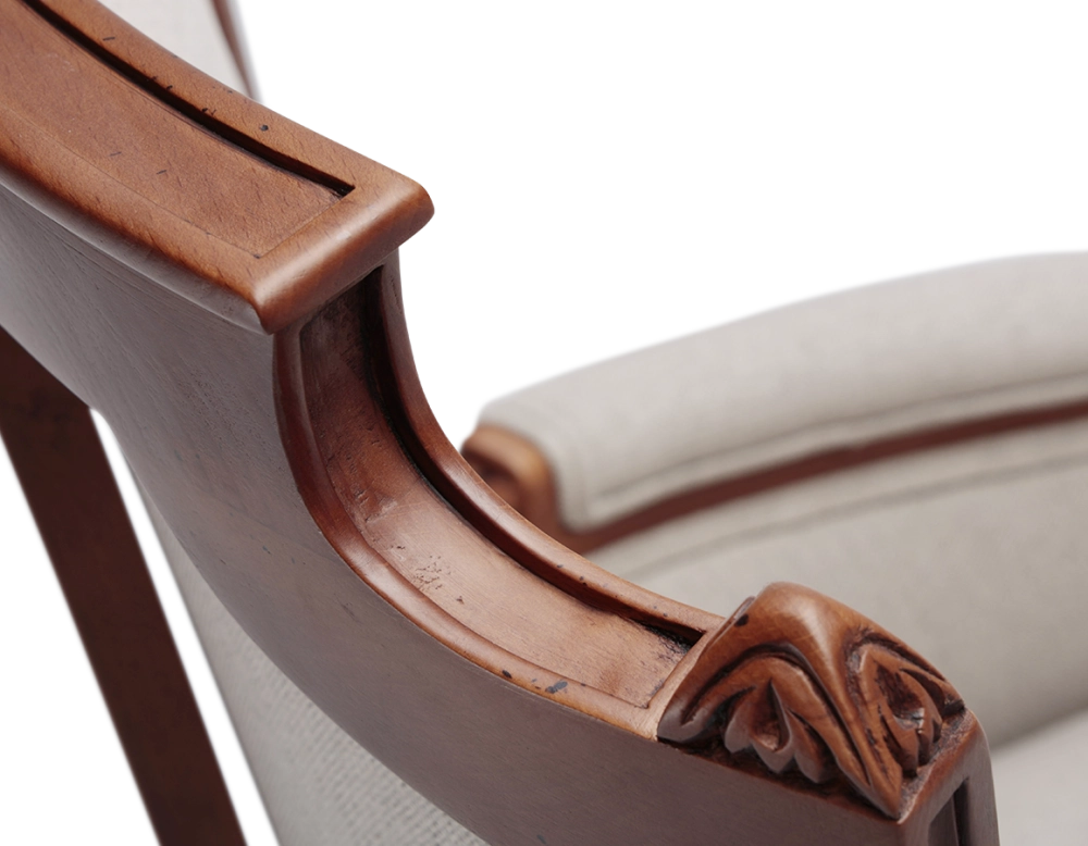Louis XVI style bergère armchair wood antique stain and natural beige fabric Louis XVI style bergère armchair wood antique stain and natural beige fabric