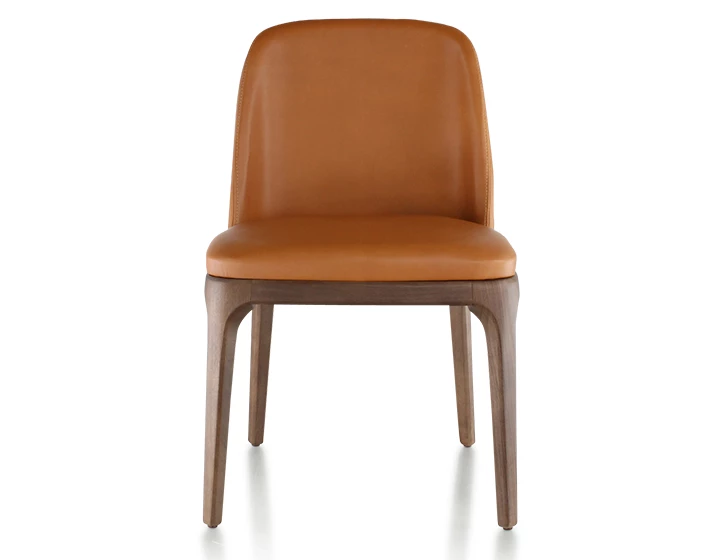 Chaise design bois teinte marron foncé et cuir caramel