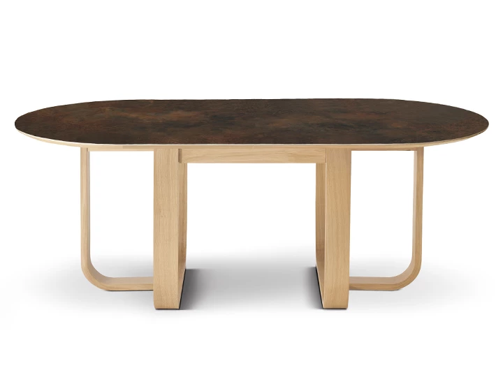 Table salle à manger en chêne et céramique 8 à 12 personnes avec bois teinte naturelle et plateau céramique brun oxydé 210x100 cm