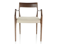 Chaise scandinave avec accoudoirs bois teinte marron foncé assise tissu camel Chaise scandinave avec accoudoirs bois teinte marron foncé assise tissu camel