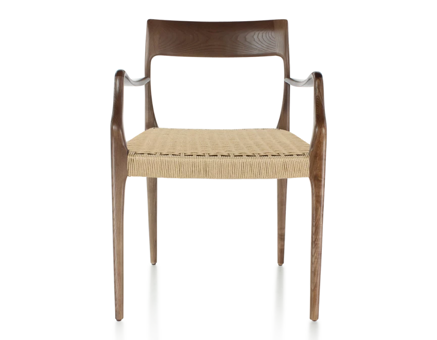 Chaise scandivave avec accoudoirs bois teinte marron foncé assise corde