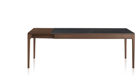 Extendable table for 8 to 12 people in oak and ceramic with wooden extensions with dark brown stained wood and slate effect ceramic top 180x100 cm