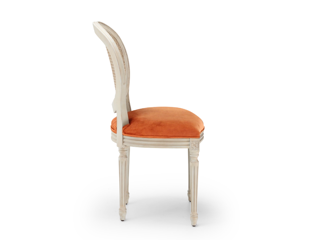 Louis XVI style antique chair white cerused wood with cane back and terracotta velvet seat. Louis XVI style antique chair white cerused wood with cane back and terracotta velvet seat.
