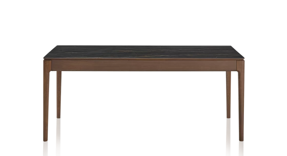 Table salle à manger en chêne et céramique avec bois teinte marron foncé et plateau céramique effet marbre noir 140x90 cm