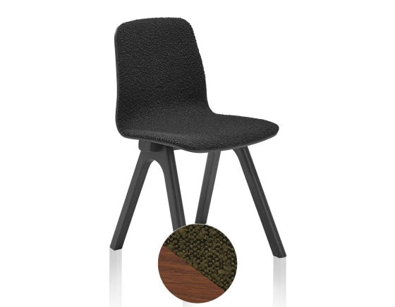 Upholstered oak designer chair walnut-stained wood, green looped fabric seat