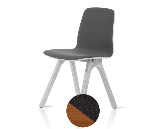 Upholstered oak designer chair cherry-stained wood, charcoal grey fabric seat