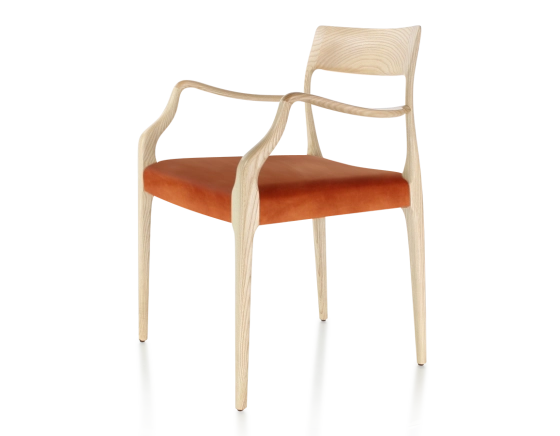 Scandinavian armchair with armrests wood stained natural seat terracotta velvet fabric