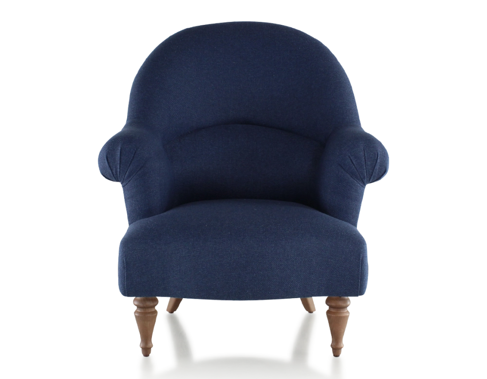Fauteuil crapaud avec accoudoirs pieds bois teinte noyer et tissu bleu marine moyen dossier Fauteuil crapaud avec accoudoirs pieds bois teinte noyer et tissu bleu marine moyen dossier