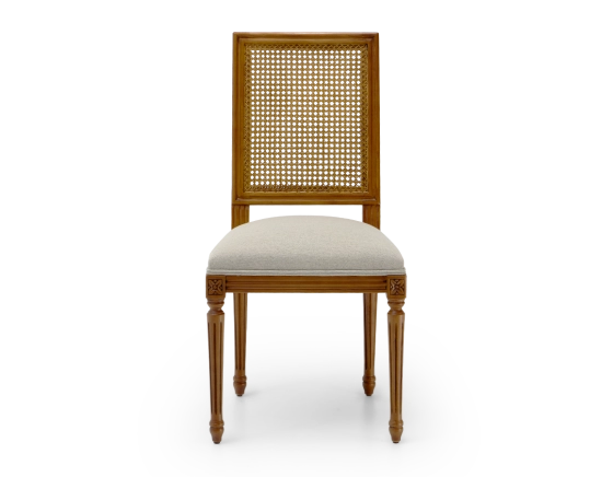 Louis XVI style antique chair cane back chair with natural beige fabric seat