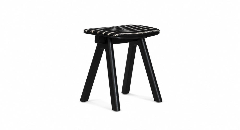 Design bar stool H65 cm natural wood finish with blue fabric seat