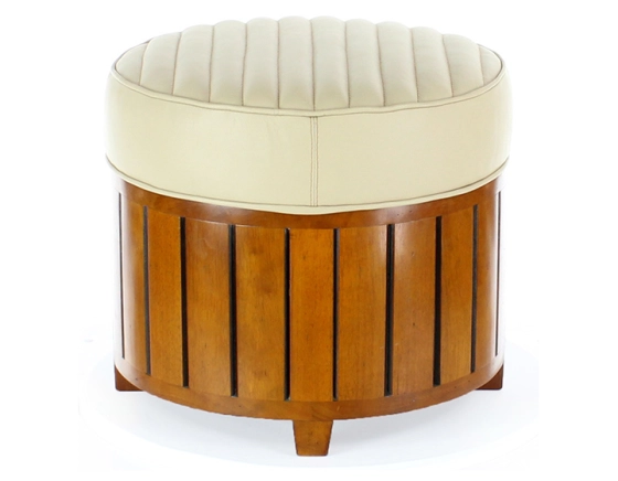 Pouf rond bois et cuir beige
