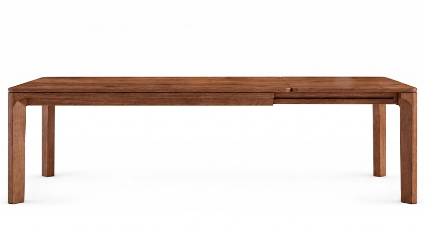 Table extensible 6 à 10 personnes en noyer avec plateau et allonges bois teinte naturelle 160x90 cm