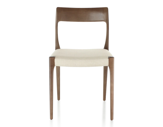 Scandinavian chair dark brown stained wood, beige chevron fabric seat