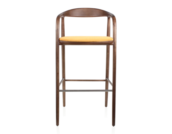 Tabouret de bar h80 cm teinte marron foncé assise tissu jaune bois teinte marron foncé et tissu jaune
