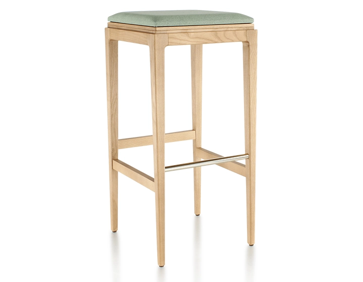 H80 cm designer bar stool natural tint wood, sage green fabric seat H80 cm designer bar stool natural tint wood, sage green fabric seat