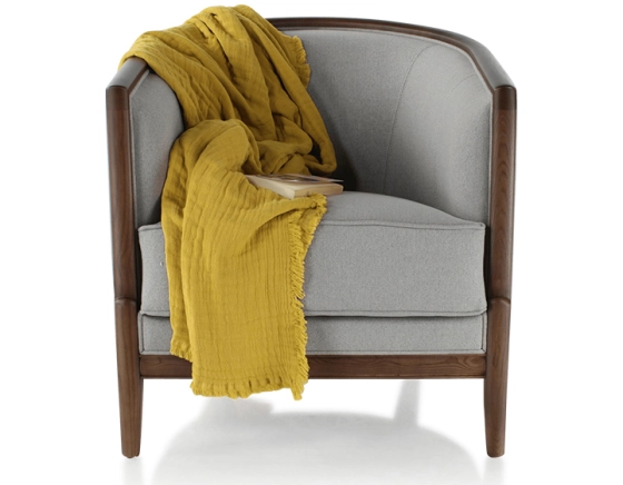 Fauteuil ancien bois teinte noyer et tissu gris clair