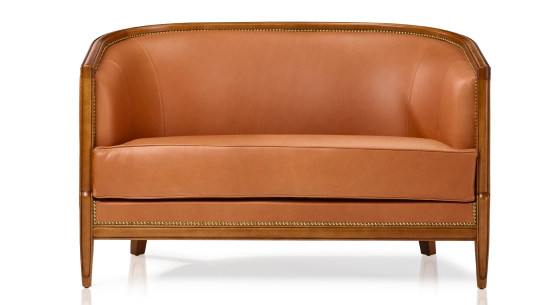 Canapé ancien 2 places accoudoirs moulurés bois teinte ancienne et cuir châtain