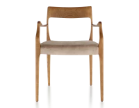 Chaise scandivave avec accoudoirs bois teinte merisier assise tissu velours taupe clair