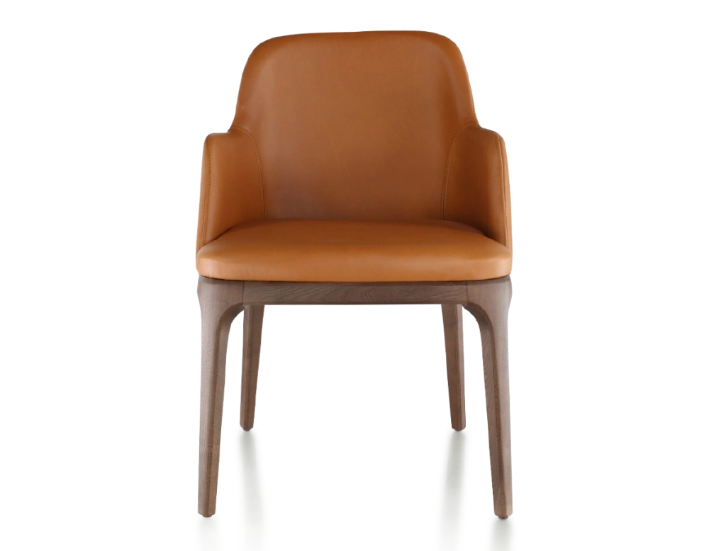Chaise design avec accoudoirs bois teinte marron foncé et cuir caramel Chaise design avec accoudoirs bois teinte marron foncé et cuir caramel