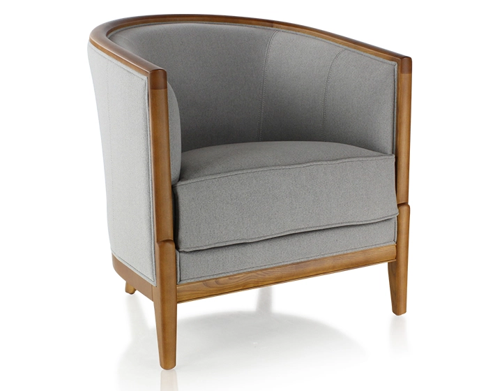 Fauteuil ancien bois teinte merisier et tissu gris clair Fauteuil ancien bois teinte merisier et tissu gris clair