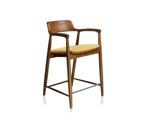 Tabouret de bar h60 cm bois teinte merisier assise tissu jaune