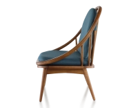 Fauteuil scandinave bois teinte merisier et tissu bleu océan Fauteuil scandinave bois teinte merisier et tissu bleu océan