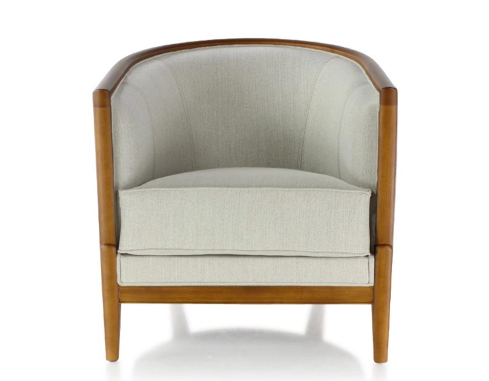 Antique armchair cherry-stained wood and natural beige fabric