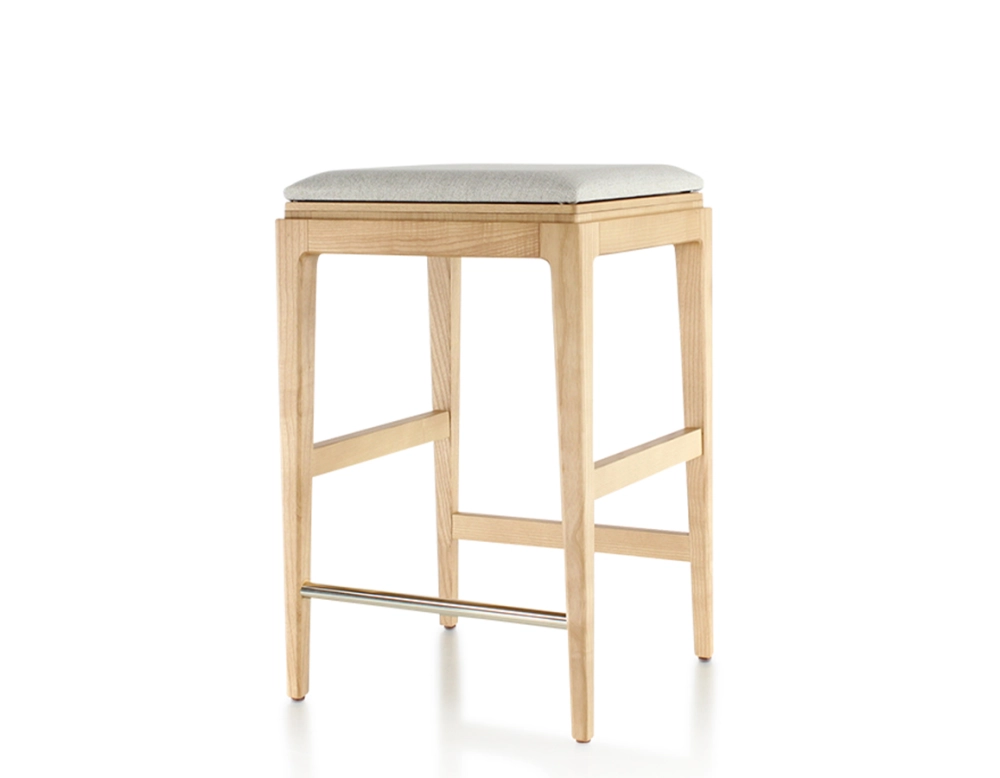 H60 cm designer bar stool natural stained wood seat natural beige fabric