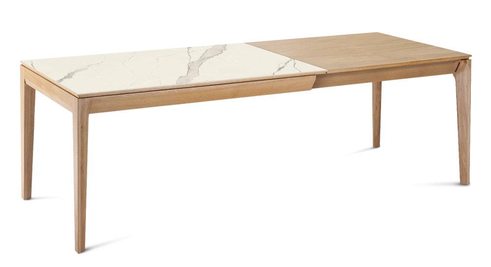 Table extensible 8 à 14 personnes en chêne et céramique allonges bois avec bois teinte naturelle et plateau céramique effet marbre blanc 210x100 cm Table extensible 8 à 14 personnes en chêne et céramique allonges bois avec bois teinte naturelle et plateau céramique effet marbre blanc 210x100 cm