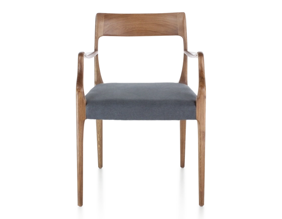 Scandinavian armchair with armrests walnut-stained wood, grey fabric seat