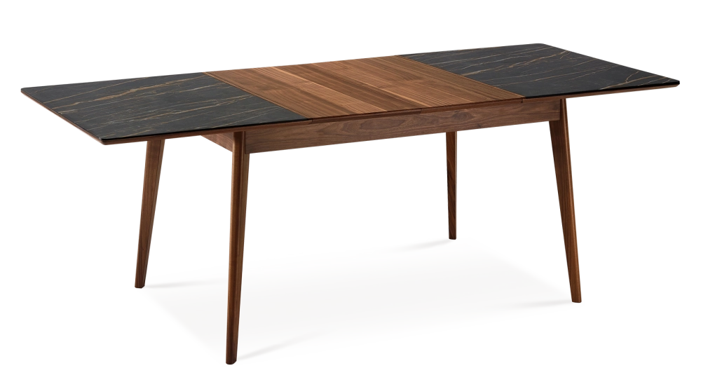 Extending table for 6 to 10 people in walnut and ceramic with wooden extensions with natural wood stain and slate effect ceramic top 160x90 cm Extending table for 6 to 10 people in walnut and ceramic with wooden extensions with natural wood stain and slate effect ceramic top 160x90 cm